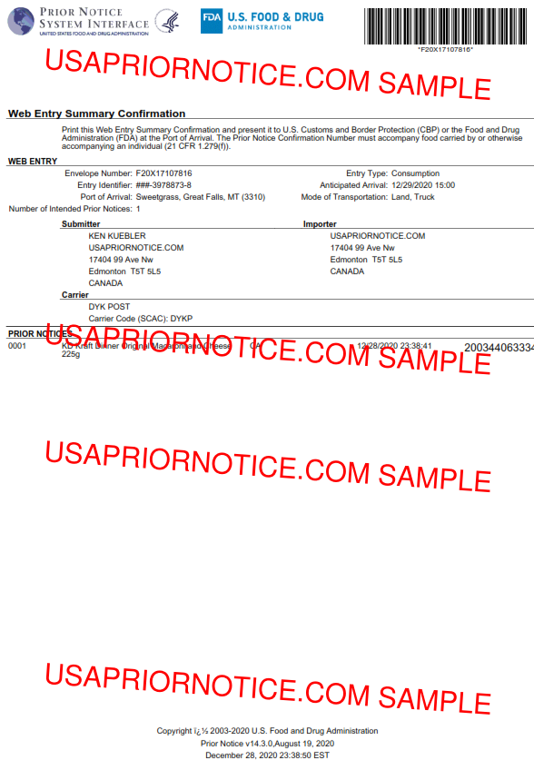 US FDA PRIOR NOTICE SAMPLE USAPRIORNOTICE.COM